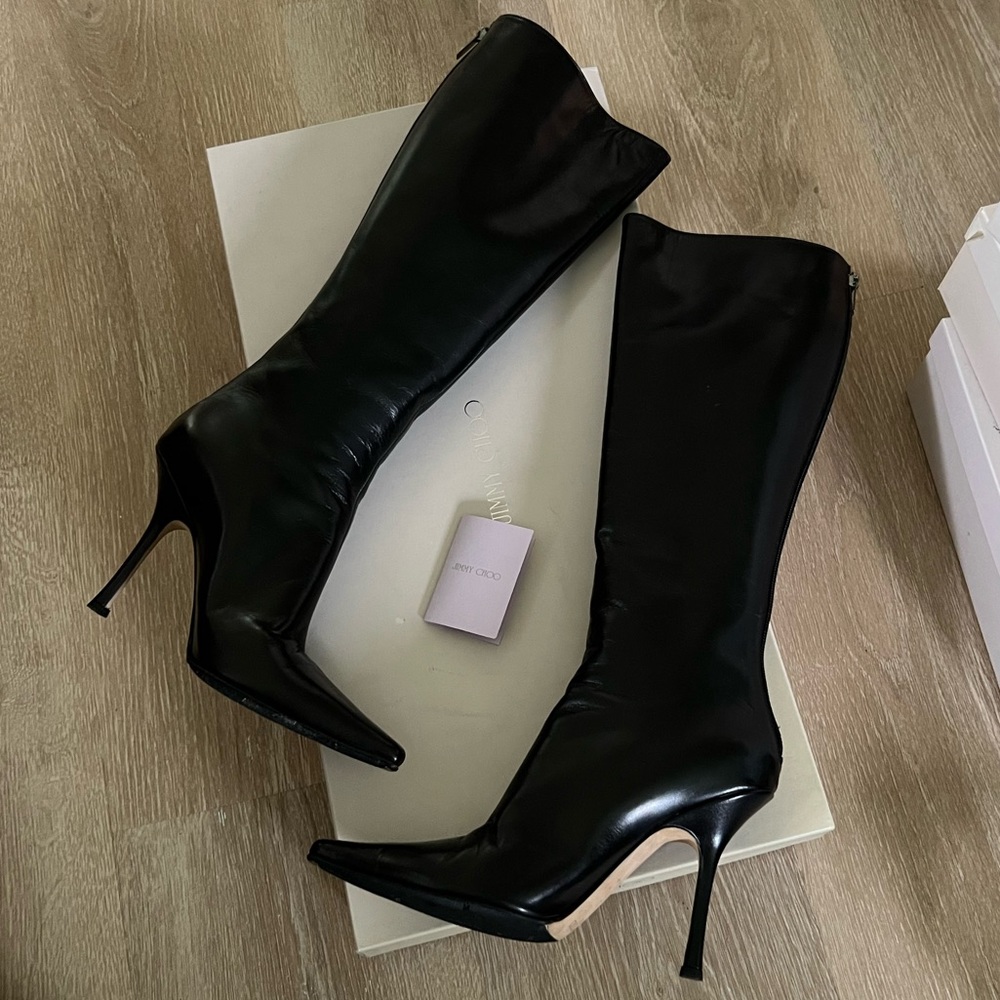 Jimmy Choo Orchid black kid leather knee boot 100mm stiletto pointy toe as new